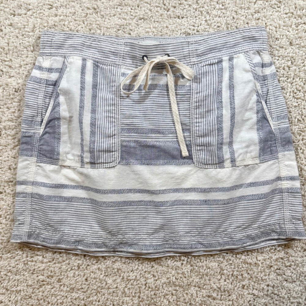 Lou & Grey Blue White Striped Linen Blend Drawstring Mini Skirt M Coastal Preppy